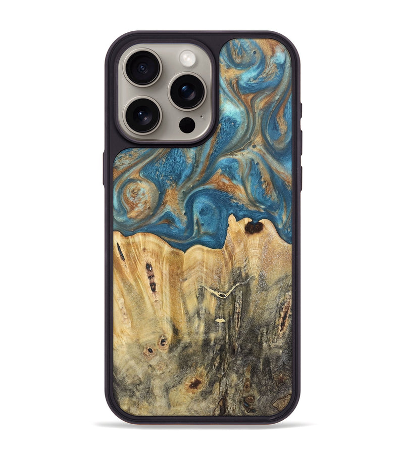 iPhone 15 Pro Max Wood Phone Case - Jermaine (Teal & Gold, 724793)