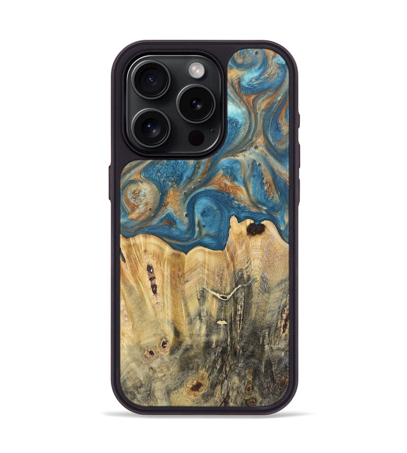 iPhone 15 Pro Wood Phone Case - Jermaine (Teal & Gold, 724793)