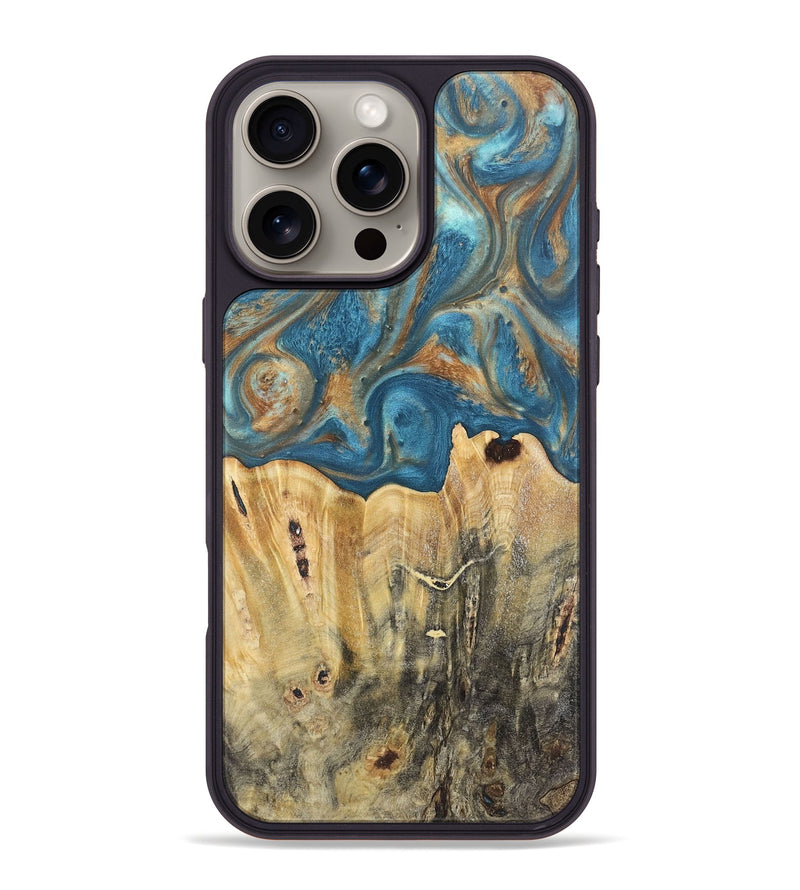 iPhone 16 Pro Max Wood Phone Case - Jermaine (Teal & Gold, 724793)