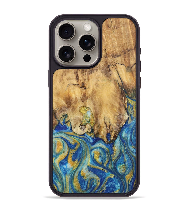 iPhone 15 Pro Max Wood Phone Case - Ollie (Teal & Gold, 724794)