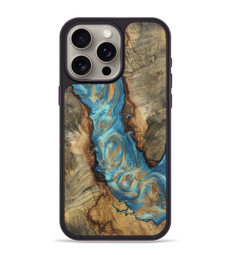 iPhone 15 Pro Max Wood Phone Case - Stefanie (Teal & Gold, 724797)