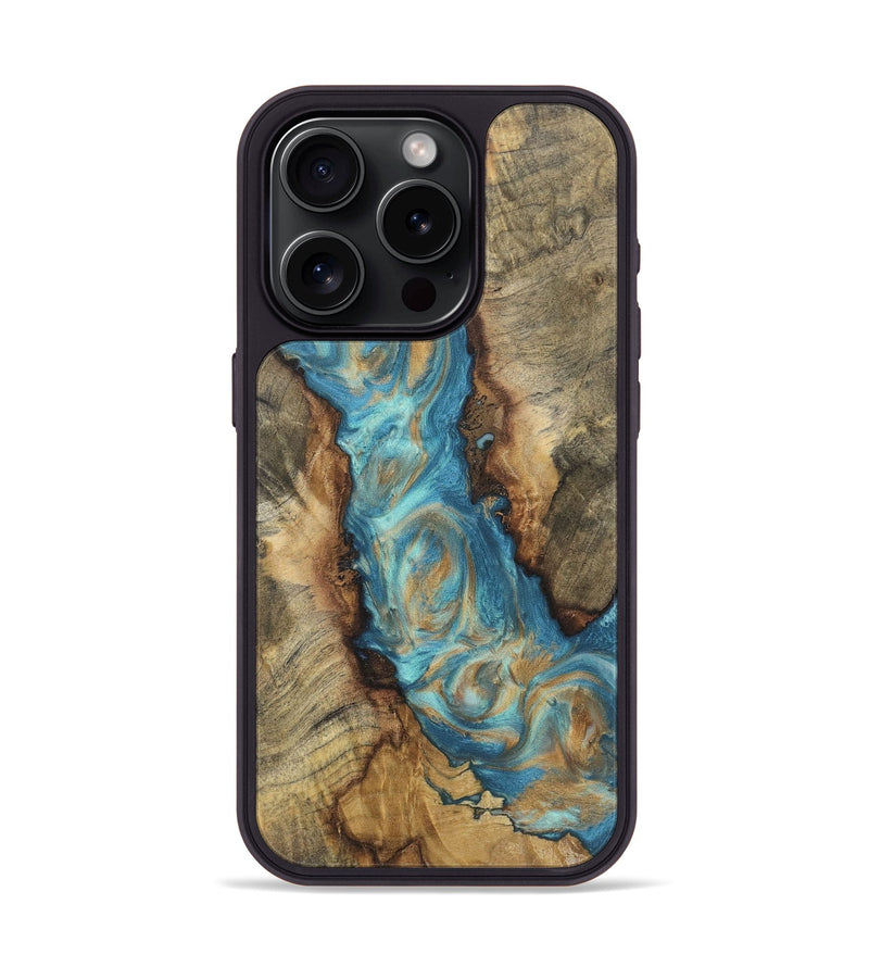 iPhone 15 Pro Wood Phone Case - Stefanie (Teal & Gold, 724797)