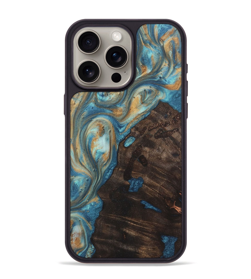 iPhone 15 Pro Max Wood Phone Case - Issac (Teal & Gold, 724798)