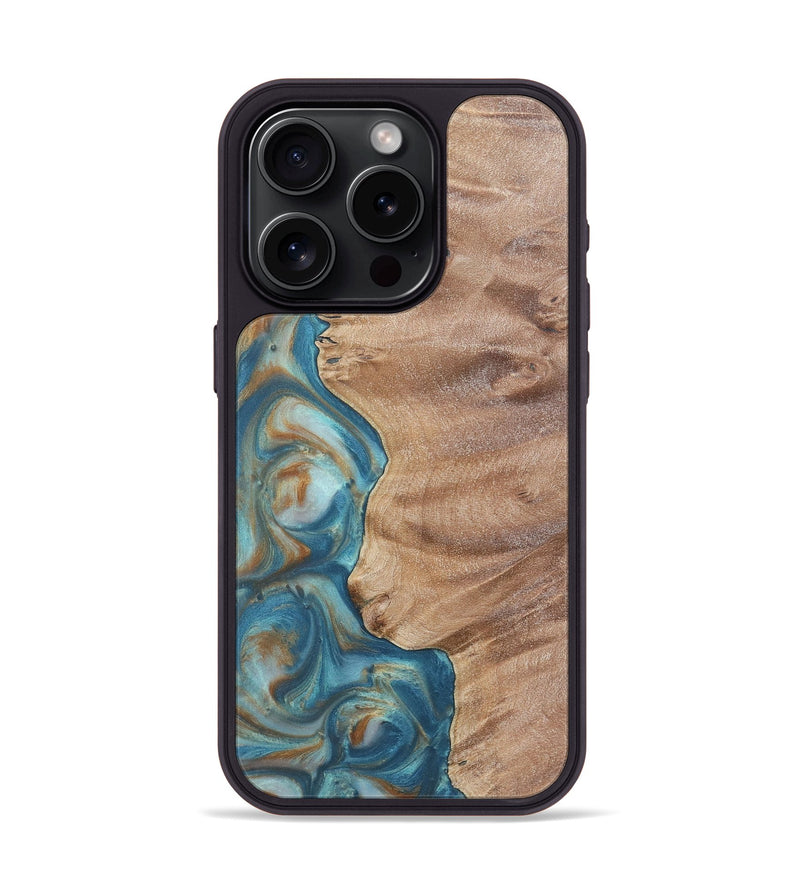 iPhone 15 Pro Wood Phone Case - Sage (Teal & Gold, 724801)