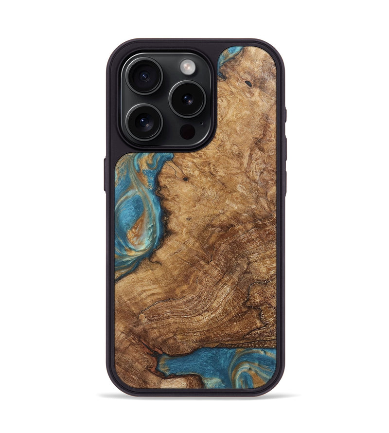 iPhone 15 Pro Wood Phone Case - Milton (Teal & Gold, 724803)