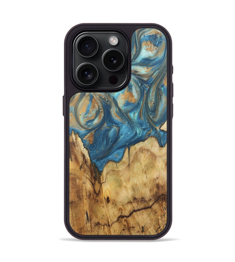 iPhone 15 Pro Wood Phone Case - Patti (Teal & Gold, 724804)