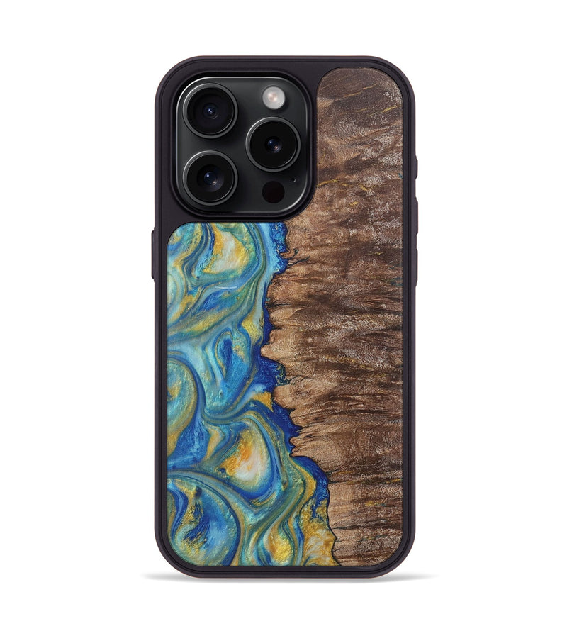 iPhone 15 Pro Wood Phone Case - Nico (Teal & Gold, 724806)