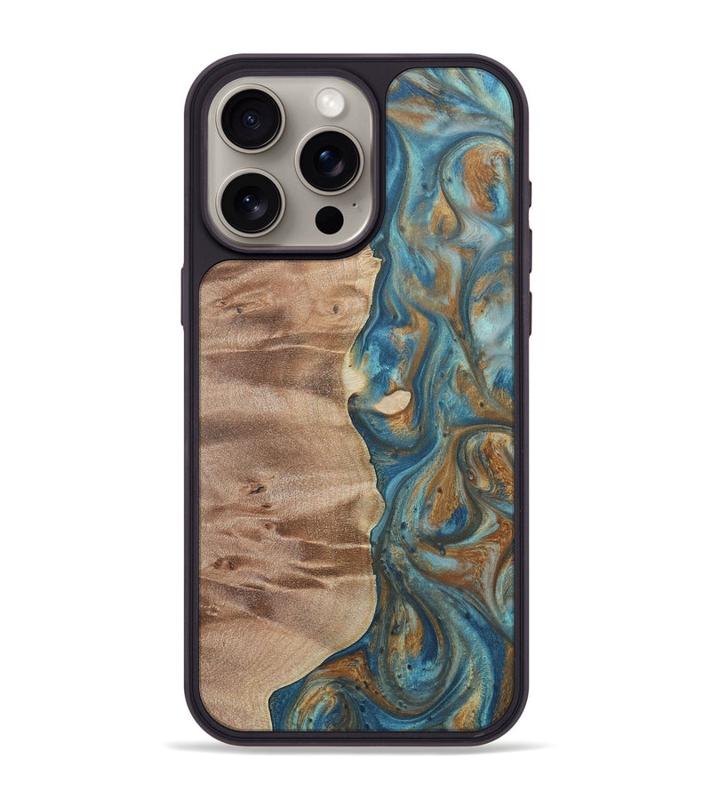 iPhone 15 Pro Max Wood Phone Case - Eddie (Teal & Gold, 724808)