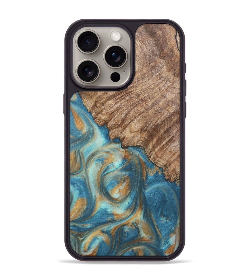 iPhone 15 Pro Max Wood Phone Case - Stacy (Teal & Gold, 724811)