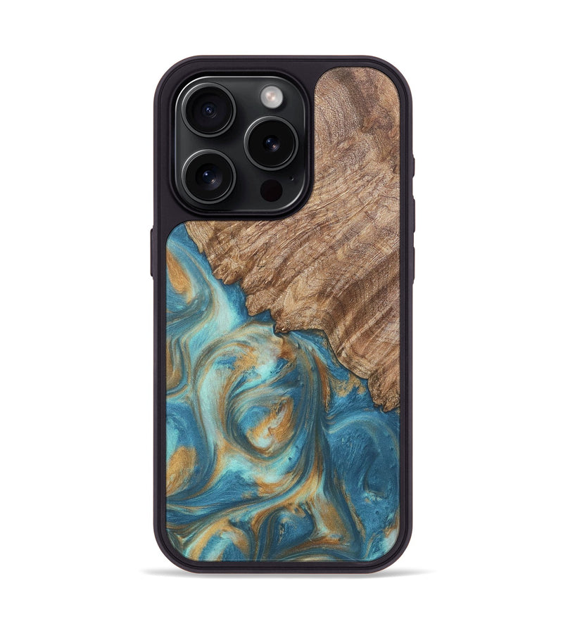 iPhone 15 Pro Wood Phone Case - Stacy (Teal & Gold, 724811)