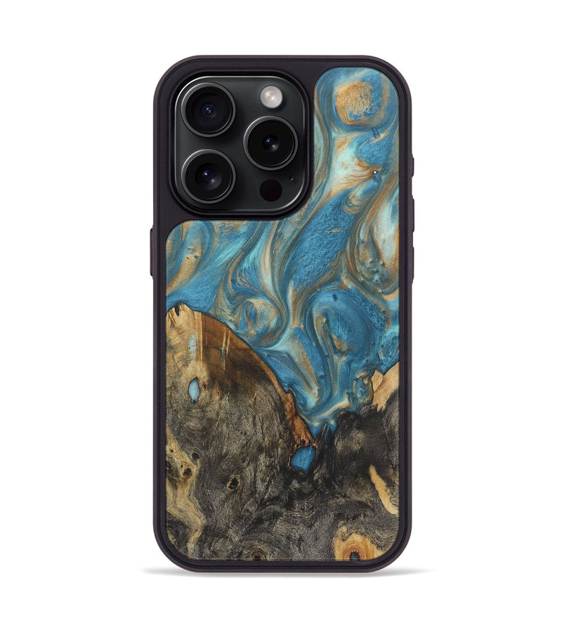 iPhone 15 Pro Wood Phone Case - Pedro (Teal & Gold, 724812)