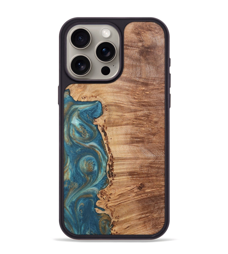 iPhone 15 Pro Max Wood Phone Case - Ann (Teal & Gold, 724813)