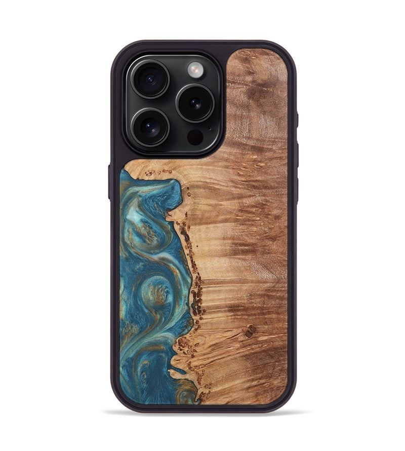 iPhone 15 Pro Wood Phone Case - Ann (Teal & Gold, 724813)