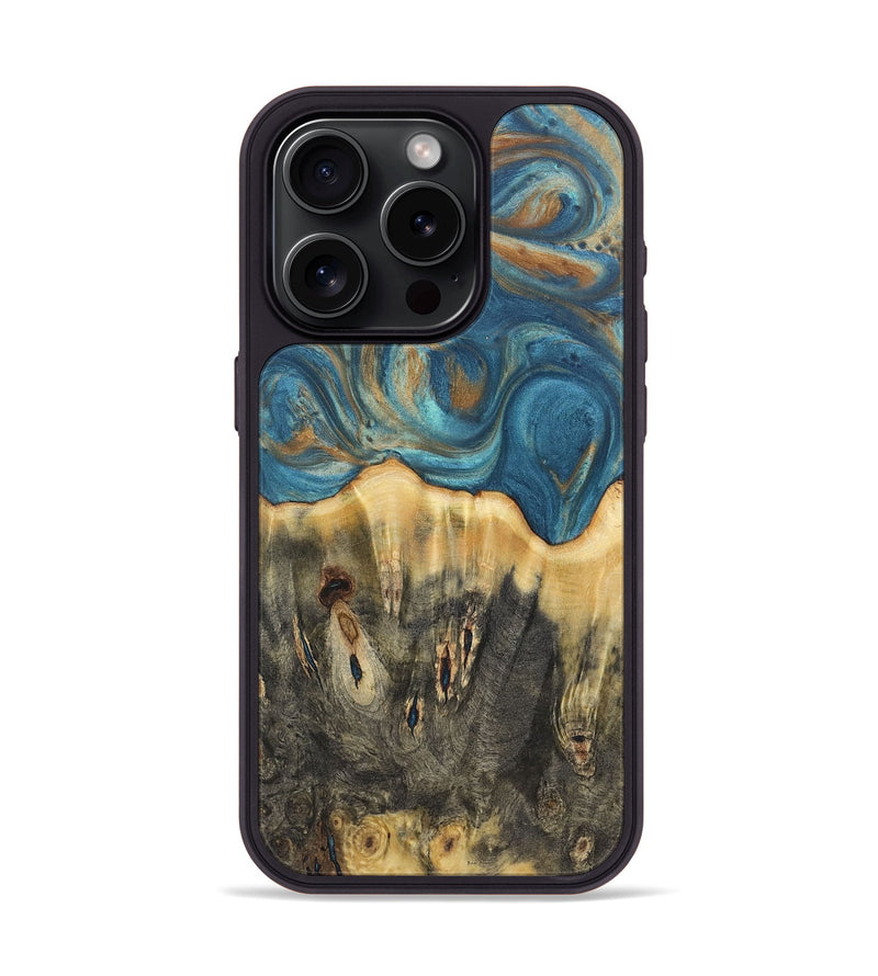 iPhone 15 Pro Wood Phone Case - Melinda (Teal & Gold, 724814)