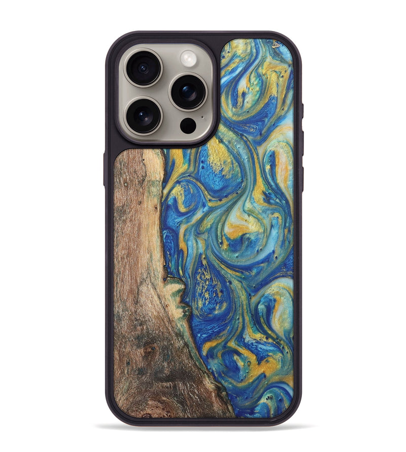 iPhone 15 Pro Max Wood Phone Case - Mindy (Teal & Gold, 724815)