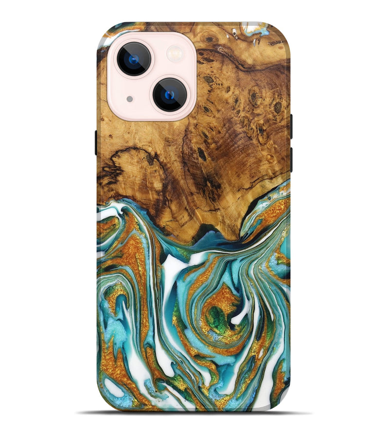 iPhone 14 Plus Wood Live Edge Phone Case - Cheyenne (Teal & Gold, 725093)