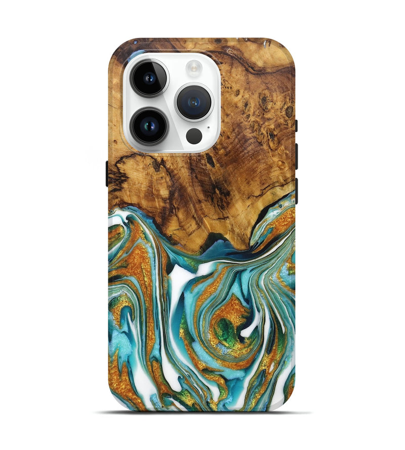 iPhone 15 Pro Wood Live Edge Phone Case - Cheyenne (Teal & Gold, 725093)