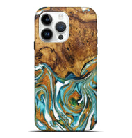 iPhone 15 Pro Max Wood Live Edge Phone Case - Cheyenne (Teal & Gold, 725093)