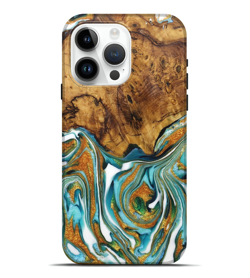 iPhone 15 Pro Max Wood Live Edge Phone Case - Cheyenne (Teal & Gold, 725093)