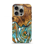 iPhone 16 Pro Wood Live Edge Phone Case - Cheyenne (Teal & Gold, 725093)