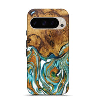 Pixel 9 Pro Wood Live Edge Phone Case - Cheyenne (Teal & Gold, 725093)