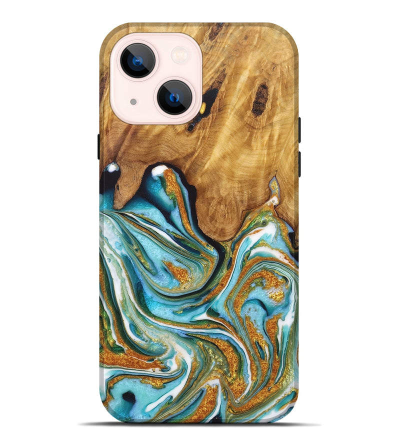 iPhone 14 Plus Wood Live Edge Phone Case - Santiago (Teal & Gold, 725094)