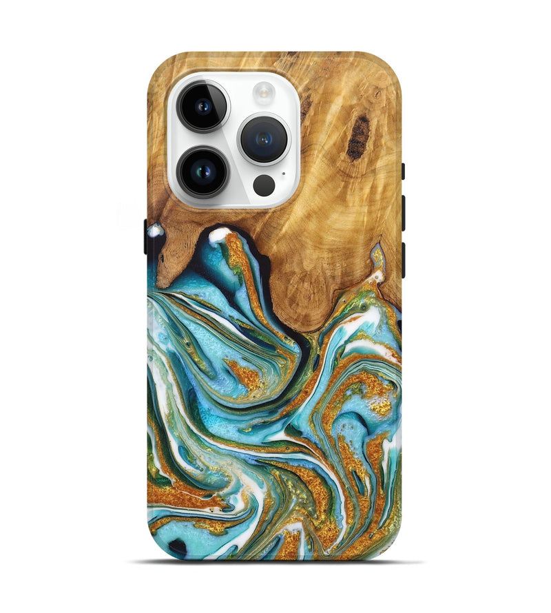 iPhone 15 Pro Wood Live Edge Phone Case - Santiago (Teal & Gold, 725094)