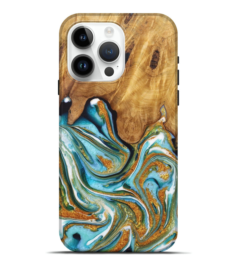 iPhone 15 Pro Max Wood Live Edge Phone Case - Santiago (Teal & Gold, 725094)