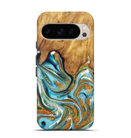 Pixel 9 Pro Wood Live Edge Phone Case - Santiago (Teal & Gold, 725094)