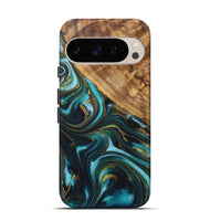 Pixel 9 Pro Wood Live Edge Phone Case - Aimee (Teal & Gold, 725096)