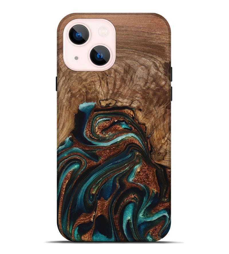 iPhone 14 Plus Wood Live Edge Phone Case - Julius (Teal & Gold, 725261)