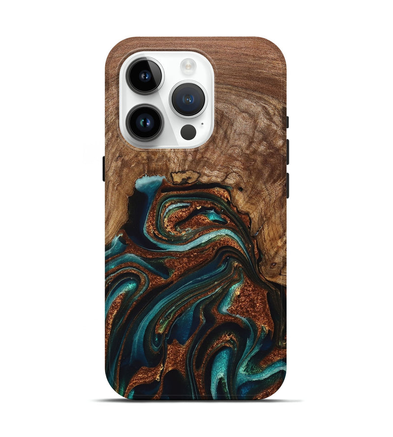 iPhone 15 Pro Wood Live Edge Phone Case - Julius (Teal & Gold, 725261)