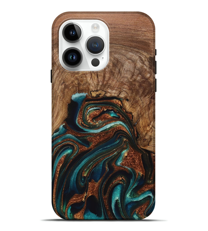 iPhone 15 Pro Max Wood Live Edge Phone Case - Julius (Teal & Gold, 725261)