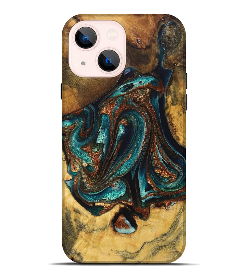 iPhone 14 Plus Wood Live Edge Phone Case - Evelyn (Teal & Gold, 725262)