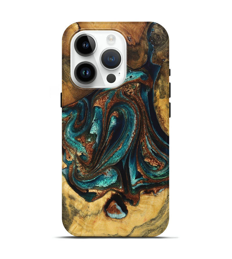 iPhone 15 Pro Wood Live Edge Phone Case - Evelyn (Teal & Gold, 725262)