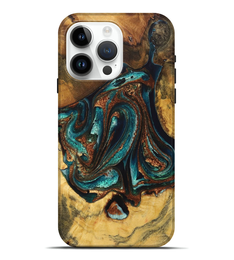 iPhone 15 Pro Max Wood Live Edge Phone Case - Evelyn (Teal & Gold, 725262)