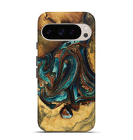 Pixel 9 Pro Wood Live Edge Phone Case - Evelyn (Teal & Gold, 725262)