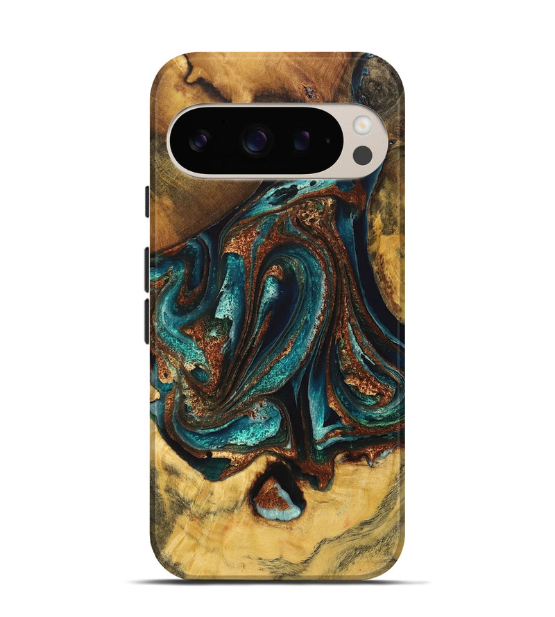 Pixel 9 Pro Wood Live Edge Phone Case - Evelyn (Teal & Gold, 725262)