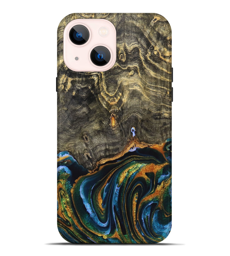 iPhone 14 Plus Wood Live Edge Phone Case - Khloe (Teal & Gold, 725271)