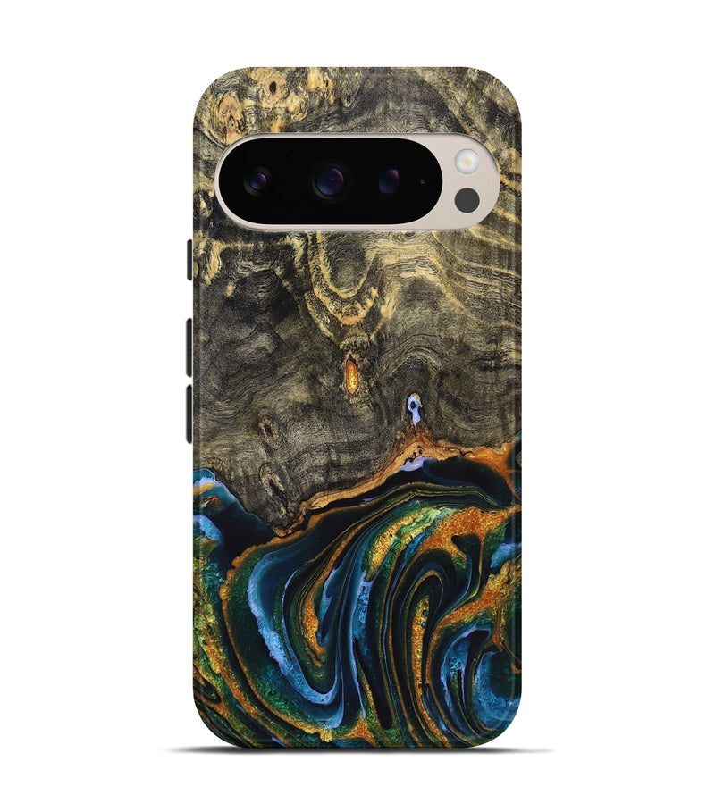 Pixel 9 Pro Wood Live Edge Phone Case - Khloe (Teal & Gold, 725271)