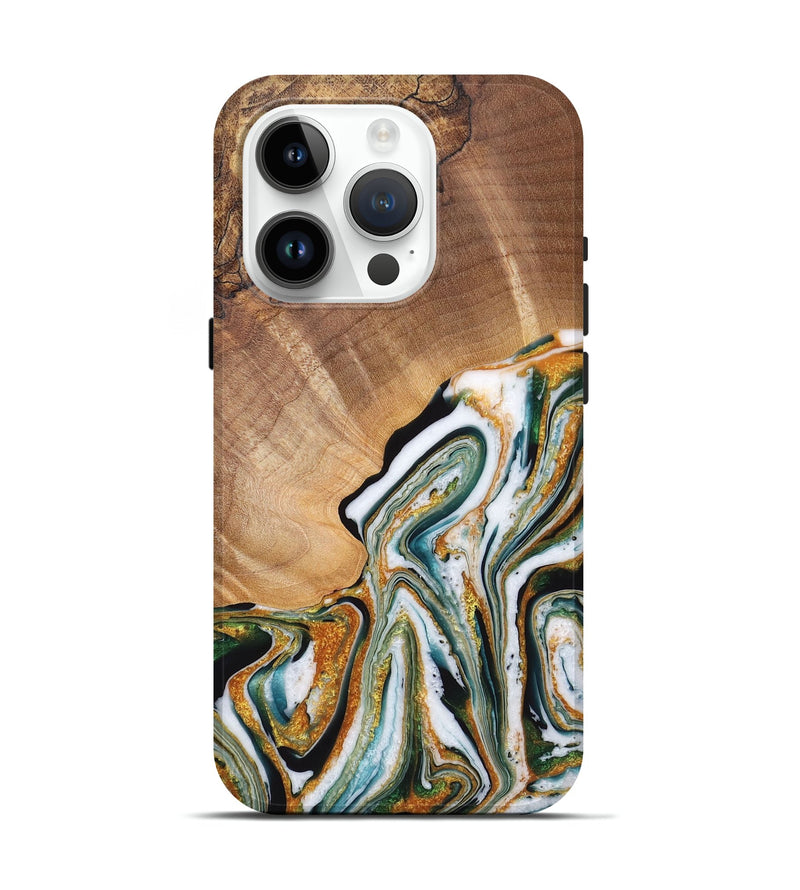 iPhone 15 Pro Wood Live Edge Phone Case - Caleb (Teal & Gold, 725272)