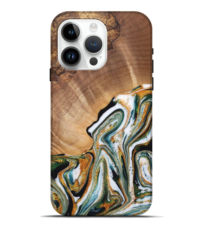 iPhone 15 Pro Max Wood Live Edge Phone Case - Caleb (Teal & Gold, 725272)