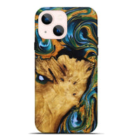 iPhone 14 Plus Wood Live Edge Phone Case - Sonya (Teal & Gold, 725273)