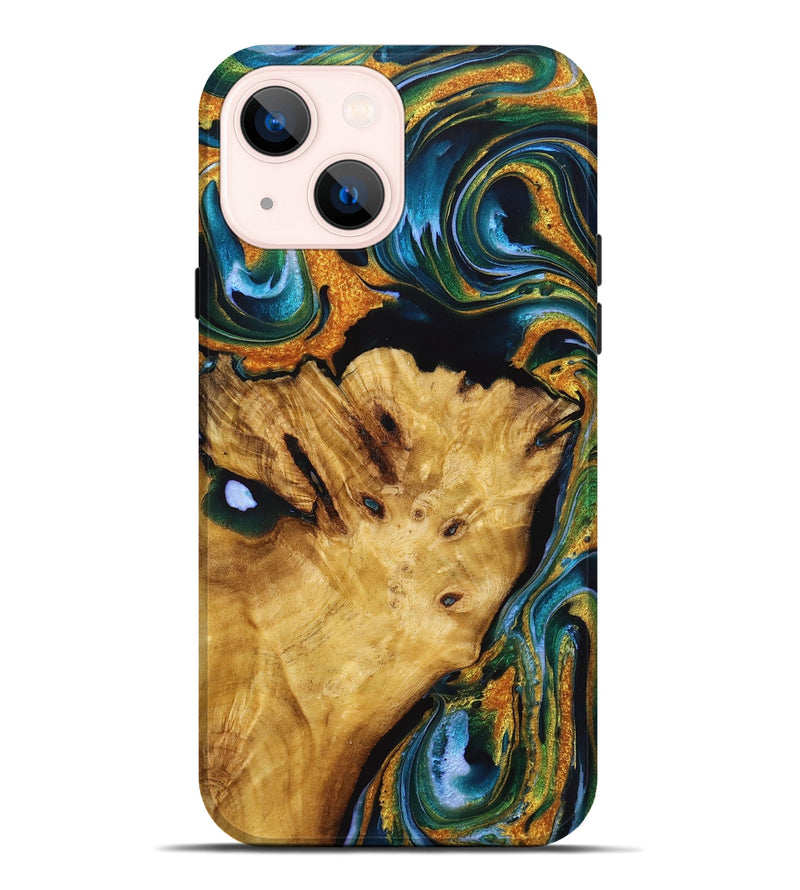 iPhone 14 Plus Wood Live Edge Phone Case - Sonya (Teal & Gold, 725273)