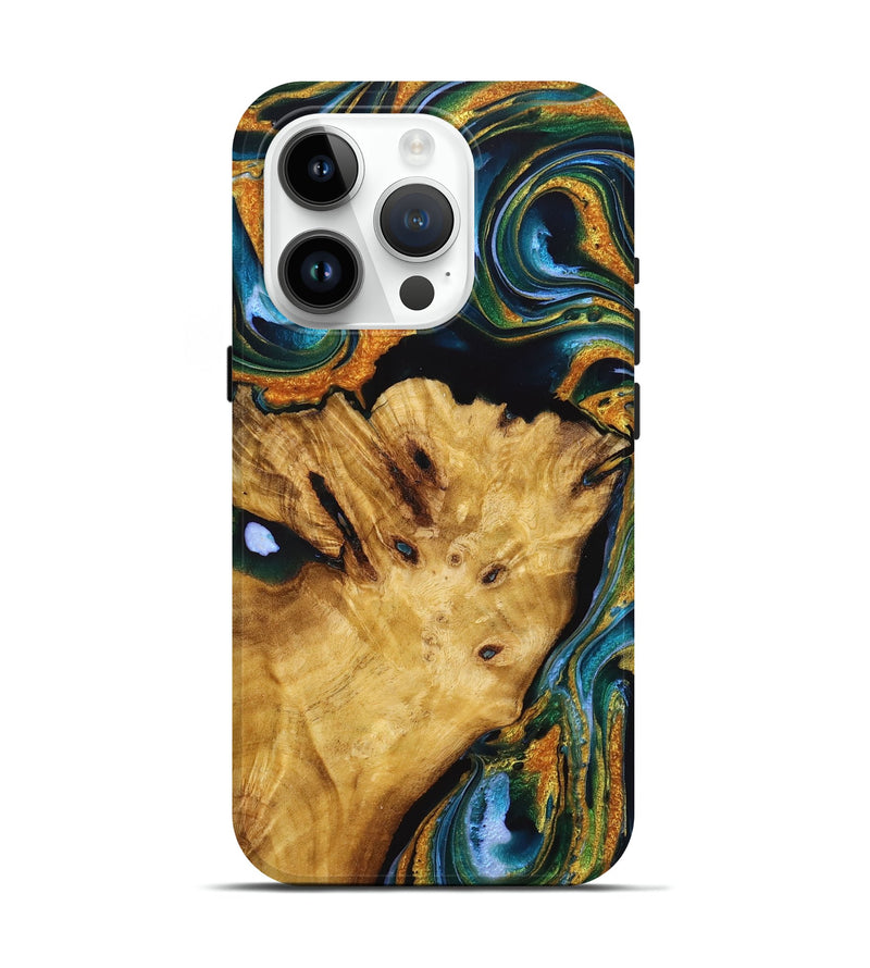 iPhone 15 Pro Wood Live Edge Phone Case - Sonya (Teal & Gold, 725273)