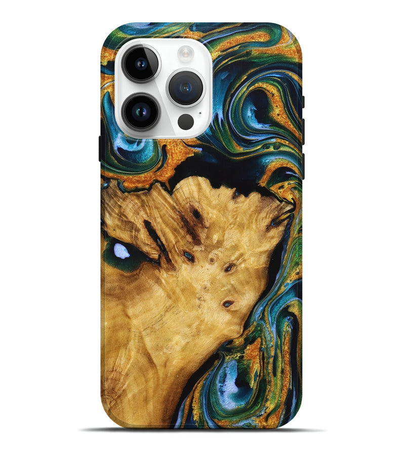 iPhone 15 Pro Max Wood Live Edge Phone Case - Sonya (Teal & Gold, 725273)