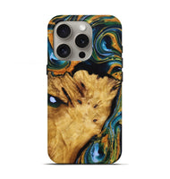 iPhone 16 Pro Wood Live Edge Phone Case - Sonya (Teal & Gold, 725273)