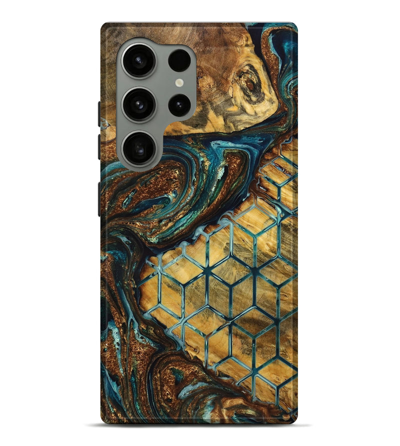 Galaxy S24 Ultra Wood Live Edge Phone Case - Devonte (Teal & Gold, 725278)