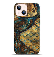 iPhone 14 Plus Wood Live Edge Phone Case - Devonte (Teal & Gold, 725278)