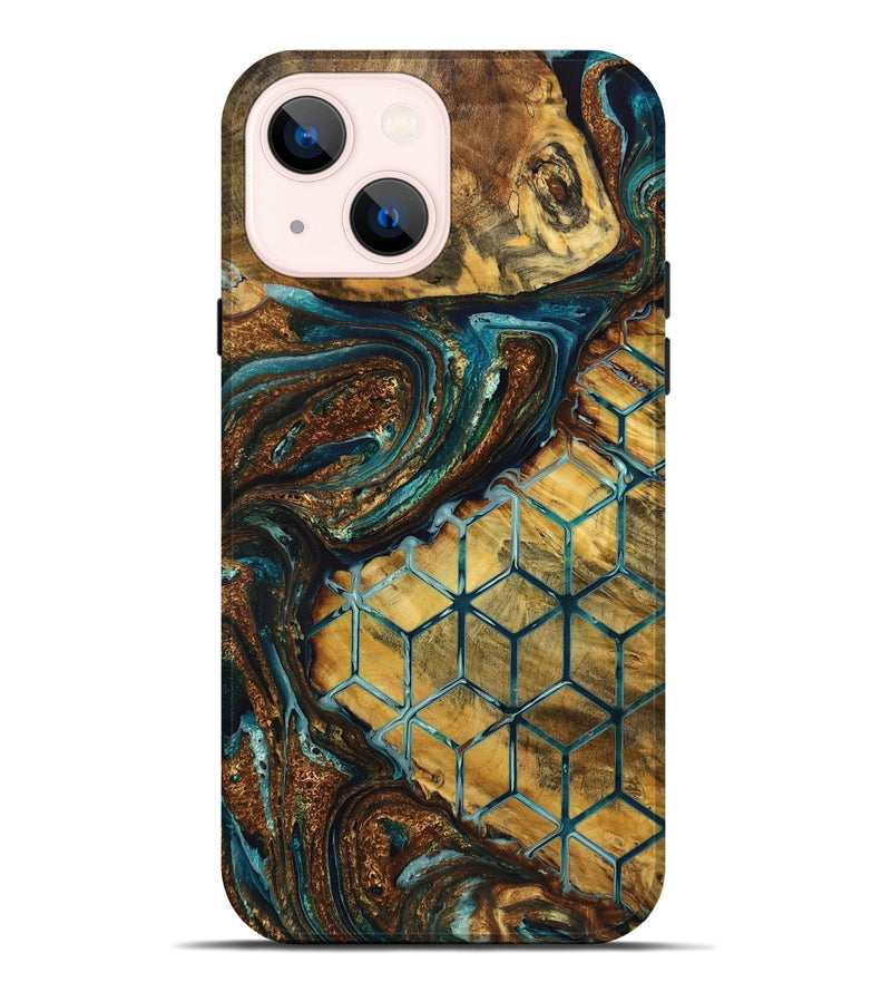 iPhone 14 Plus Wood Live Edge Phone Case - Devonte (Teal & Gold, 725278)